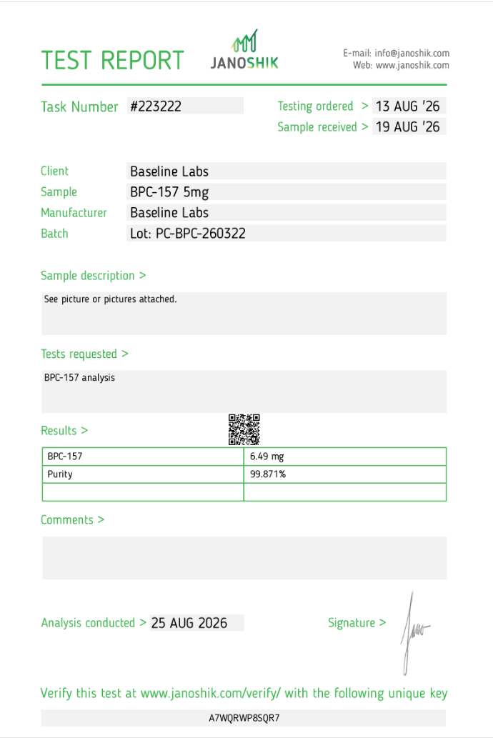 Janoshik test report for BPC-157 5mg peptide showing 99.871% purity.