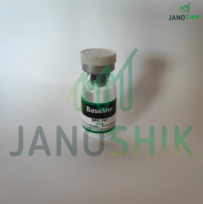 Baseline Labs BPC 157 5mg peptide vial against a white background.