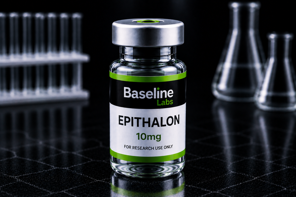 Baseline Labs Epithalon 10mg peptide vial for research use on a dark laboratory background.