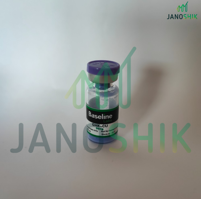 Baseline Labs GHK-CU 50mg peptide vial with purple cap on a light background