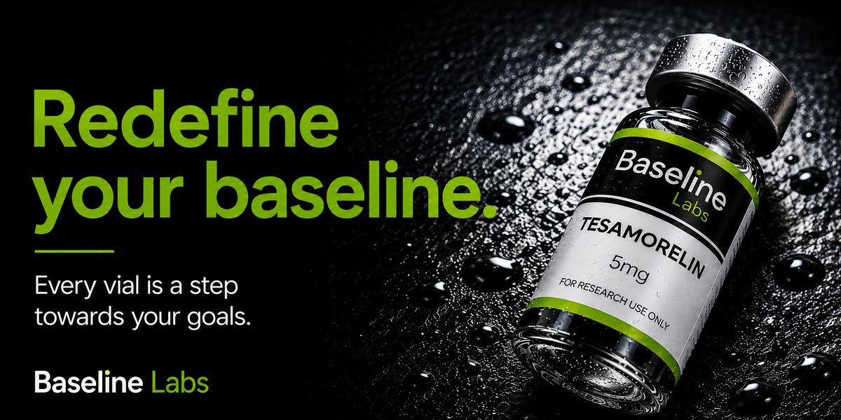 Baseline Labs Tesamorelin 5mg peptide vial on a dark wet surface.