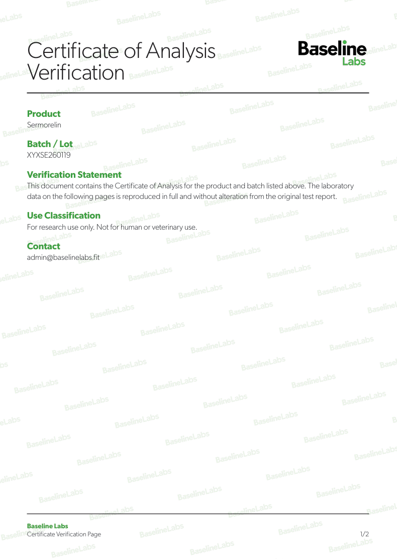Certificate of Analysis Verification for Sermorelin peptide, batch XYXSE260119.