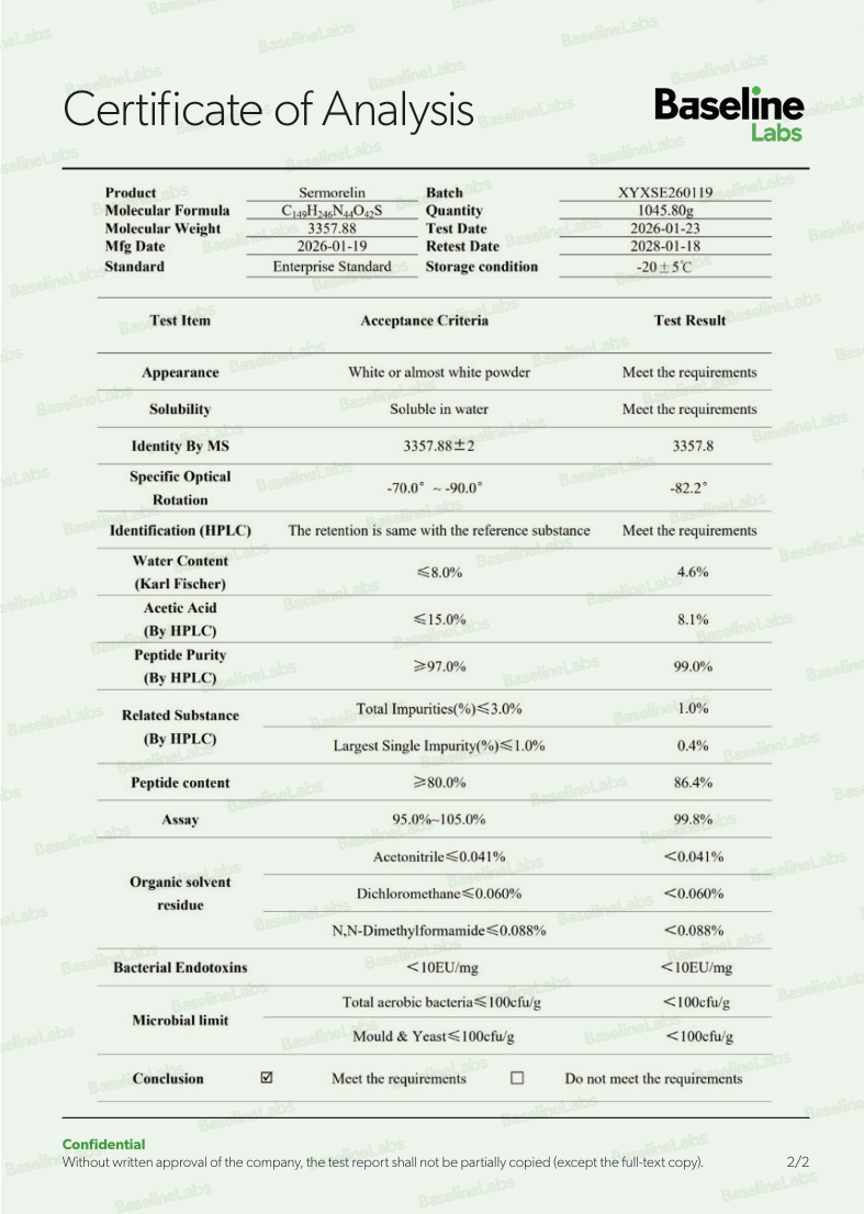 Certificate of Analysis report for Semorelin peptide showing test results and quality criteria.
