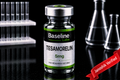 Baseline Labs Tesamorelin 5mg peptide vial with Janoshik Verified ribbon in a lab setting